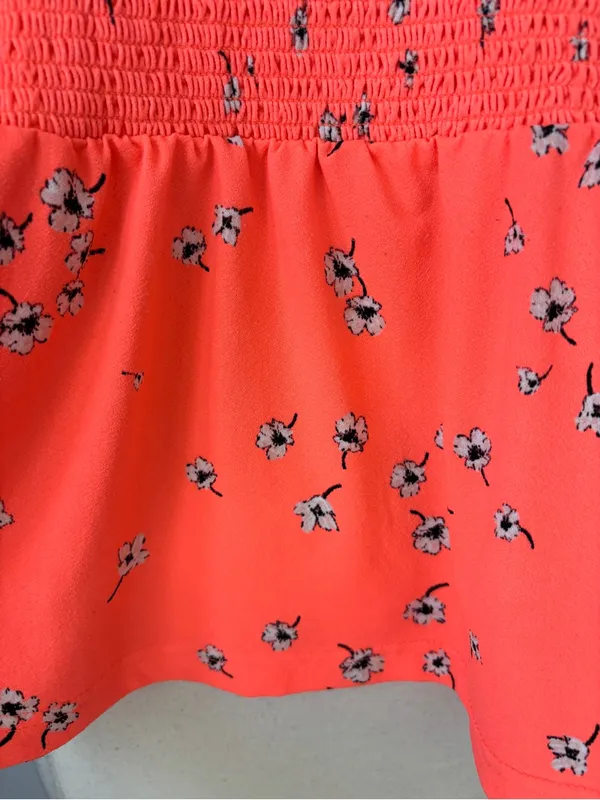 CeCe Neon Coral Floral Smocked Sleeveless Peplum Tank Top - Image 3