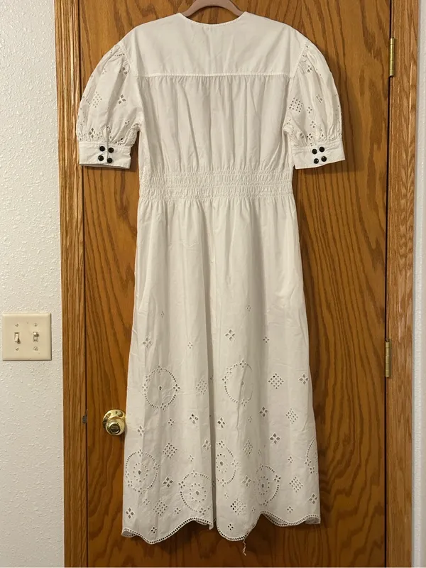 Ganni Organic Broderie Anglaise Eyelet Midi Dress w/Puff Sleeve - Size 34 (US 2) - Image 3