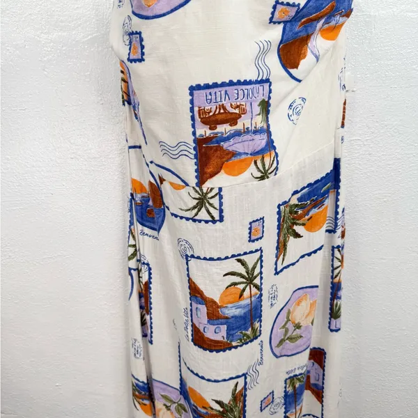 Paper Heart Strapless Maxi Dress Womens L Ivory Postcard Print Smocked Back Side - Image 3