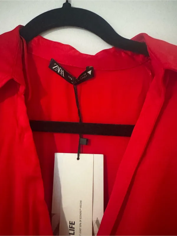Zara Women’s Bright Red Long Sleeve Wrap-Style Mini Dress with Ruched Drawstring - Image 8