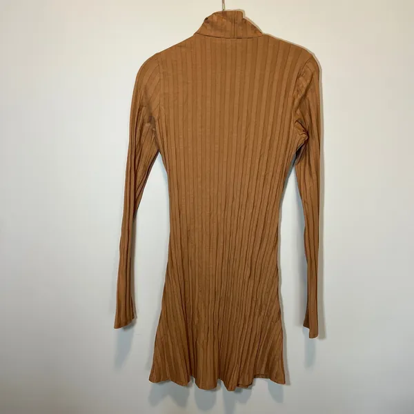 Reformation Brown Ribbed Mock Neck Long Sleeve Mini Dress Slit Size M USA - Image 8
