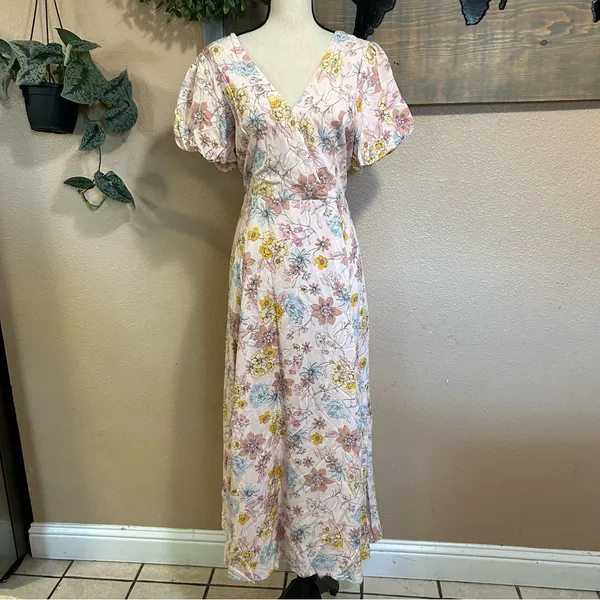 NWOT Lulus Flourishing Feelings Pink Floral Puff Sleeve Midi Dress XL - Image 3