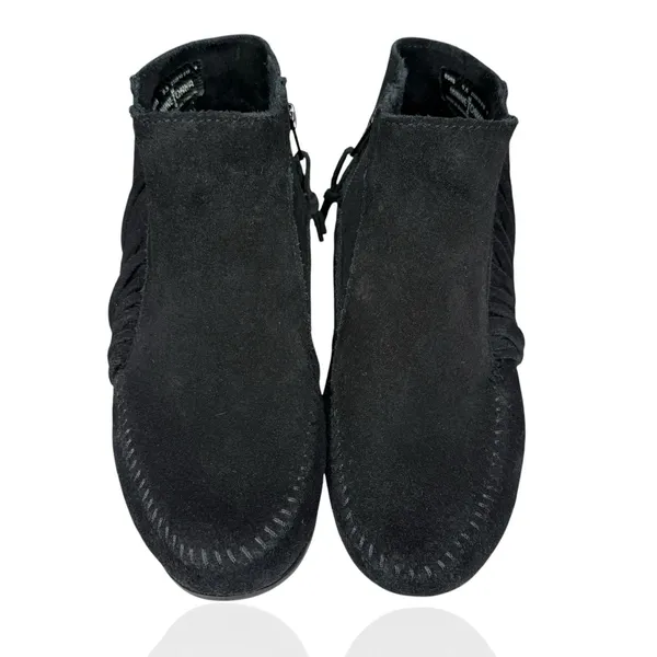 Minnetonka Lacy 9.5 Fringe Ankle Black Suede Leather‎ Bootie Shoe Moccasin Boho - Image 3
