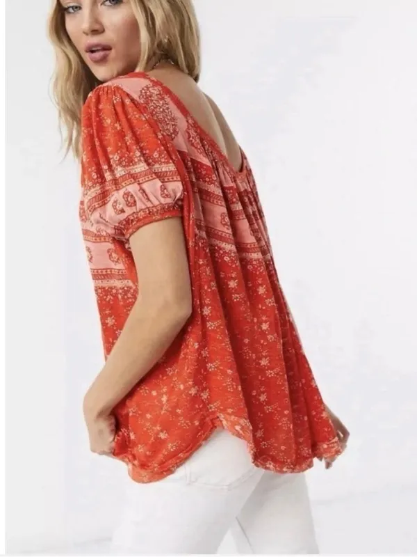 Free People Paisley Puff-Sleeve T-Shirt in Fruit Punch Combo - Image 6