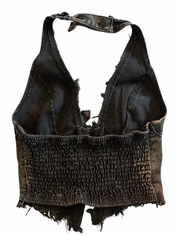 SheIn Frayed Denim Halter Top Buckle Backless Punk Hippie Jean Crop - Image 2
