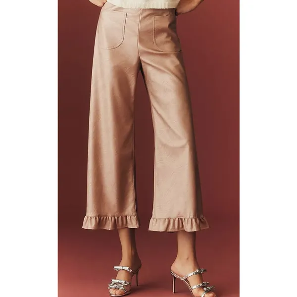 Maeve The Colette Crop Metallic Faux Leather Ruffle Hem Pants- Pink Metal Sz 30 - Image 3