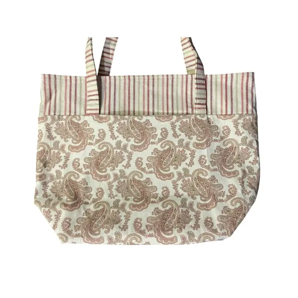 Fabric Tote Used Striped Paisley Gingham Red Beige Excellent Condition - Image 7