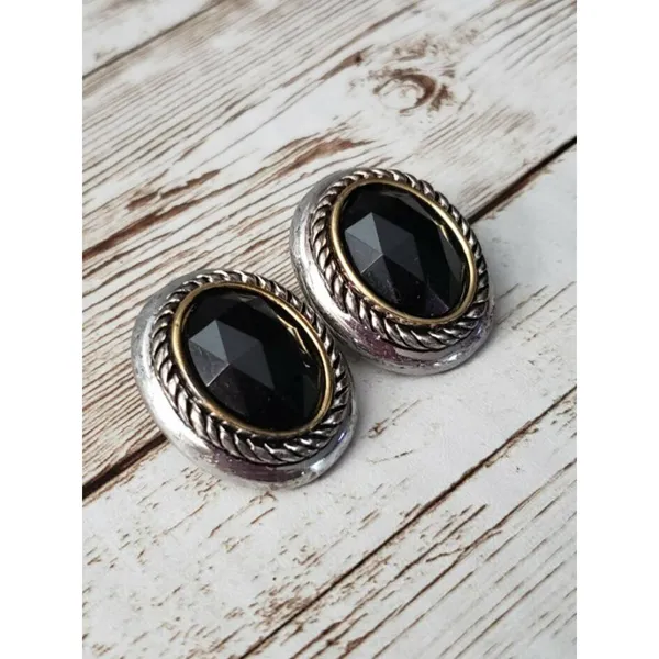 Vintage Clip On Earrings Black Center Oval Fancy Two Tone Halo - Image 2