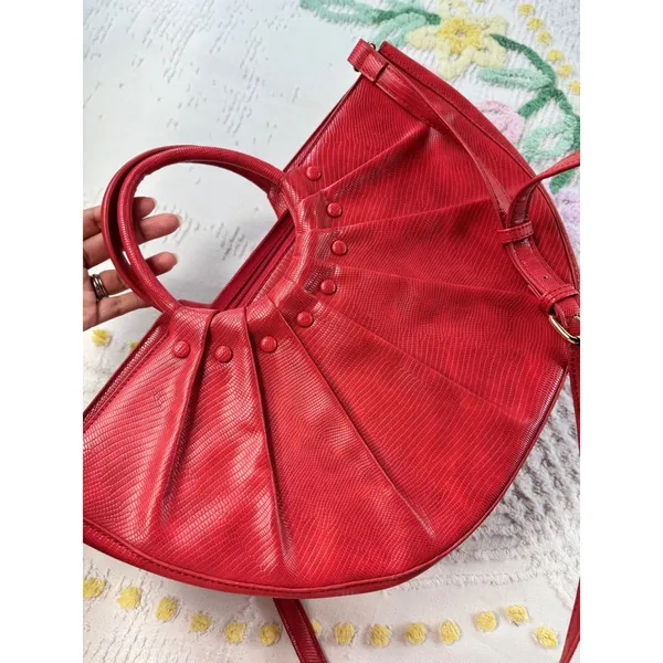 Red Faux Lizard‎ Pleated Fan Handbag Crossbody Half Moon Satchel Gold Hardware - Image 4