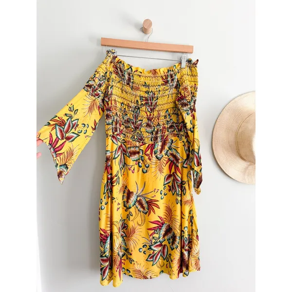 FARM Rio x Anthropologie | Bria Off Shoulder Smocked Dress Tropical Yellow | M - Image 3