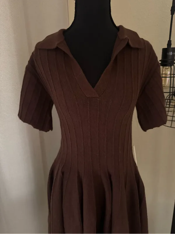 Anthropologie Brown Ribbed Knit A-Line Mini Sweater Dress NWT Small - Image 4
