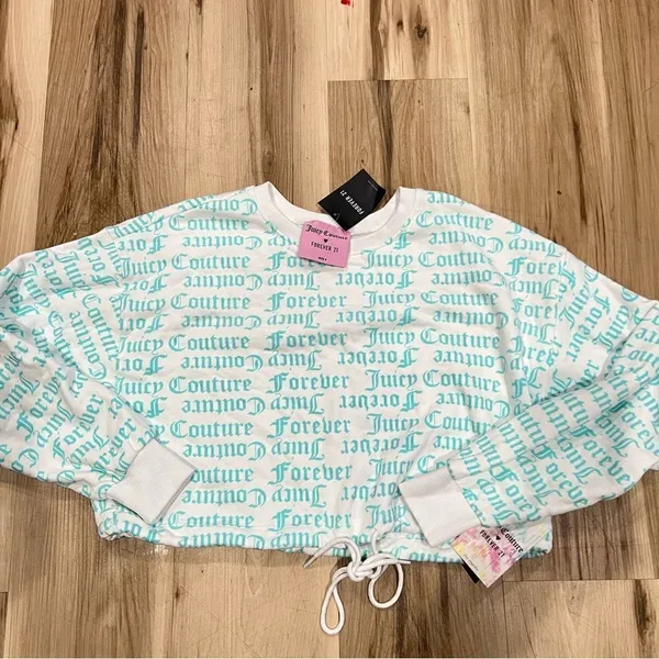 NEW Juicy Couture Forever 21 White and Blue Cropped Sweatshirt Women’s Small - Image 2