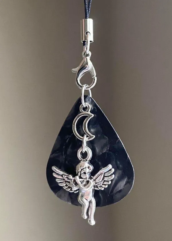 Handmade aesthetic fairy goth style moon angel cherub guitar pick phone strap/bag charm/keychain/display👼🖤 - Image 3