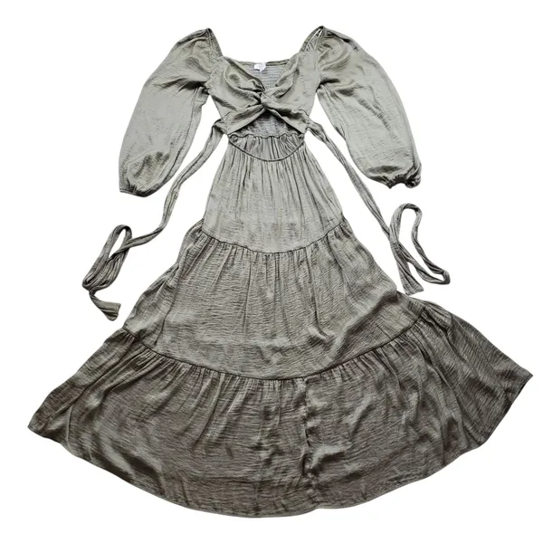 Anthropologie Mable Twist Cutout Tiered Maxi Dress Medium Green Puff Sleeve - Image 10