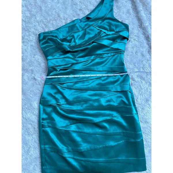 A. Byer Sz 5 S Green Satin Stretchy Cocktail Mini Dress Assymetric One Shoulder - Image 6