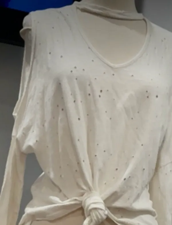 Poof! Distressed Ecru/ Off White Choker Cold-Shoulder Tie-Front Top - Image 8