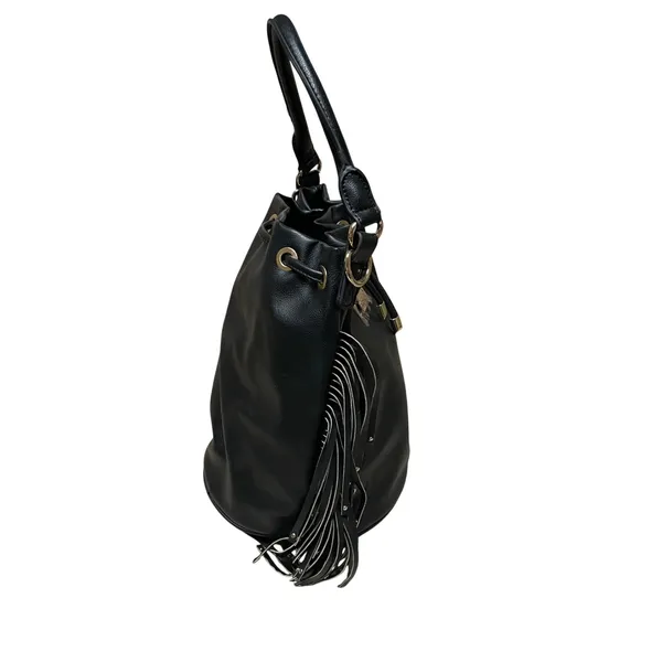 BCBG Paris‎ fringe bucket bag black vegan drawstring shoulder convertible NEW - Image 3