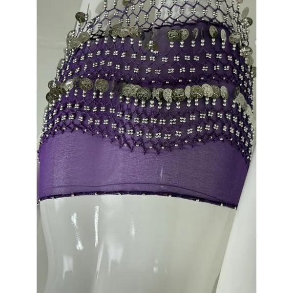 Belly Dance Hip Scarf Coin Belt Purple Chiffon Gold Coins Festival Costume - Image 5