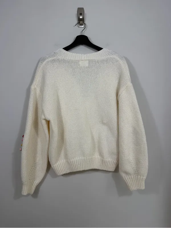 Luna Ivy Christmas Tree Pom Pom Cardigan Sweater Ivory Women’s M - Image 2