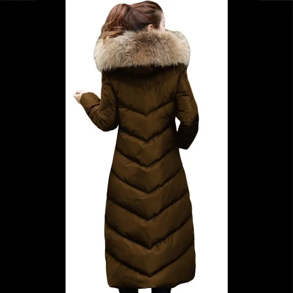 Brown Green Long Duck Down Fur Collar Coat, Sz. S - Image 3