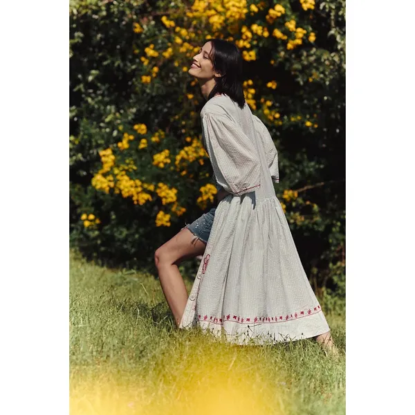 Free People Embroidered Cottage Bohemian Seersucker Saugatuck Midi Dress Large - Image 3
