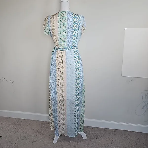 Blue Rain Pastel Floral Patchwork Wrap Maxi Dress - Size M - Image 7