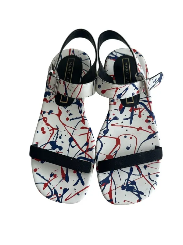 MARC JACOBS Paint Splatter White Blue Red Leather Sandals Size 7.5 / 37.5 - Image 3