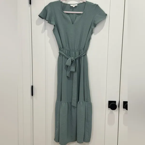 Lucky Brand Flutter Sleeve Midi Dress Small Sage Green Modest Church Fall Chic - Image 3