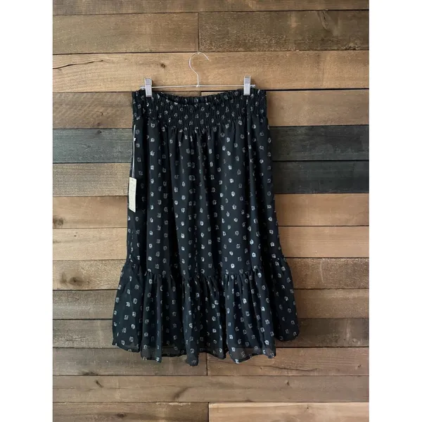 Black Metallic Dot Tiered Midi Skirt Boho Romantic Flowy Skirt - Image 5