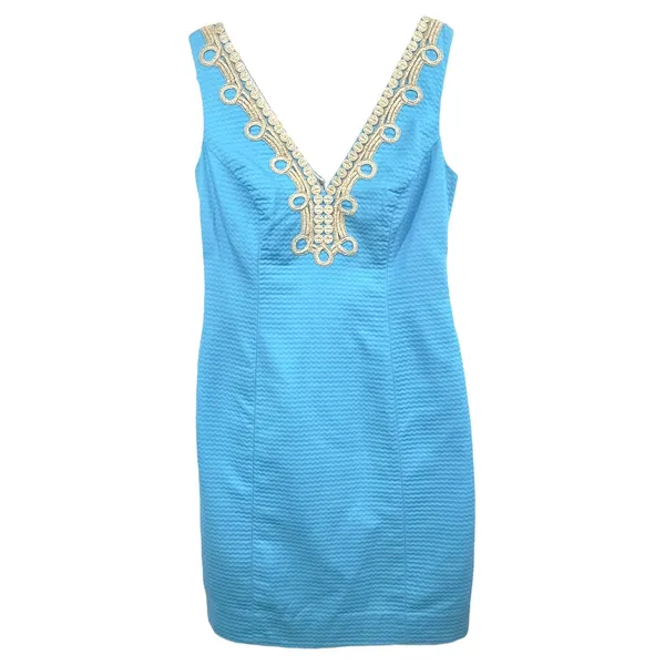 Lilly Pulitzer Size 00 Sheath Dress‎ Sleeveless Textured Gold Trim Blue 797 - Image 2
