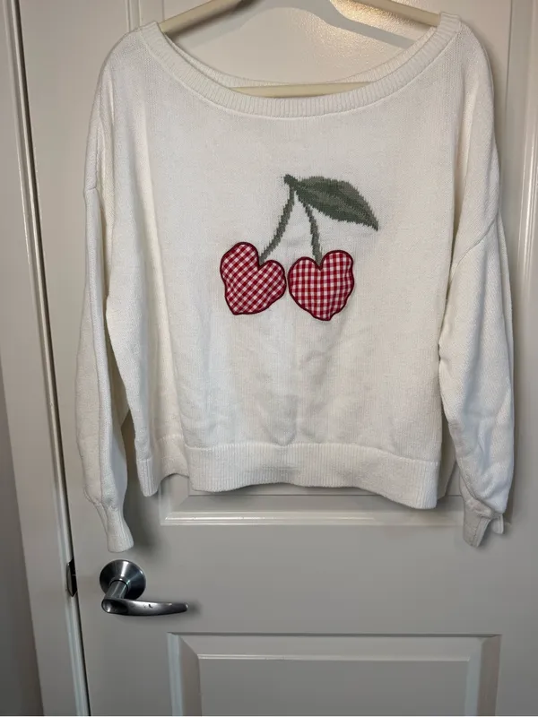 Hollister Cream Off-the-Shoulder Sweater with Red Cherry Patch - Image 2