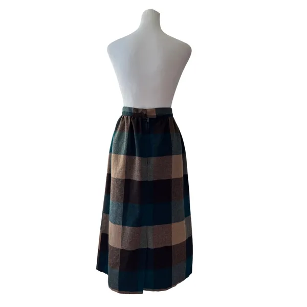 Vintage ‘80s Shelly’s Tall American Beauty Brown & Teal Wool A-Line Midi Skirt - Image 7