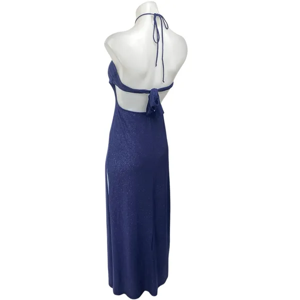 Women's Navy Blue Glitter Sleeveless Halter Cutout Tie Back Midi Dress Size XS - Image 2