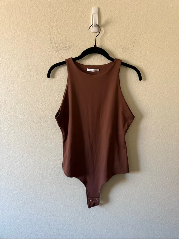 Reoria Sleeveless Racer Back Halter Neck Bodysuit Size L Brown Layer Fall Basic Size L - Image 2