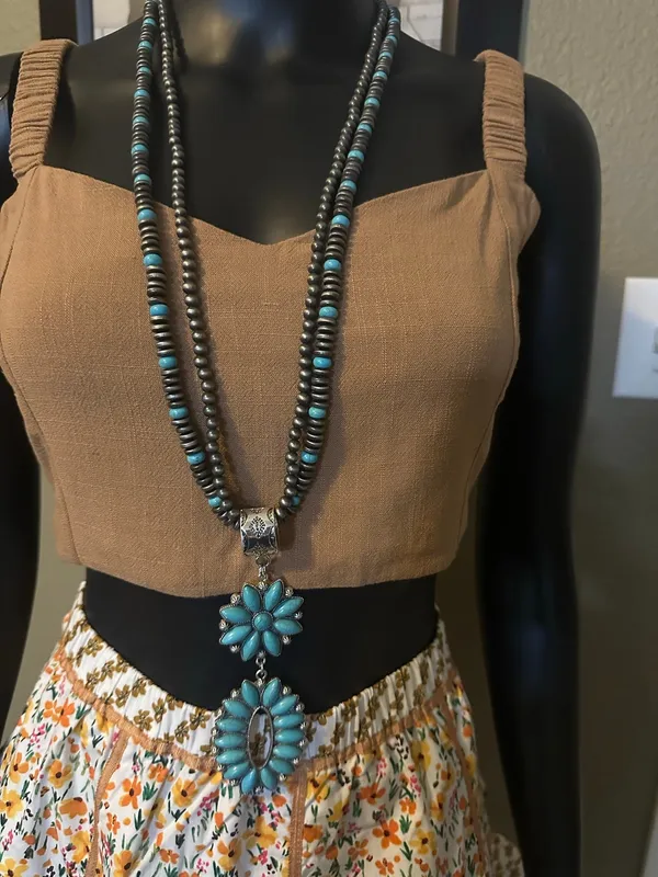 EMMA Southwestern Style Two-Tier Turquoise Blossom Pendant and Earring Set - Image 2