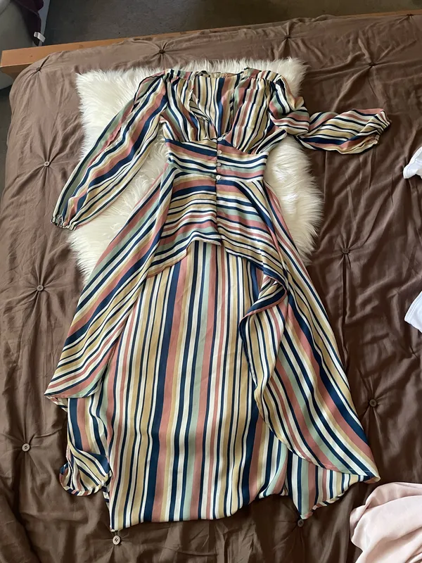 Penelope Asymmetric Stripe Long Sleeve Linen and Silk Shirtdress, featuring a V-neckline - Image 8