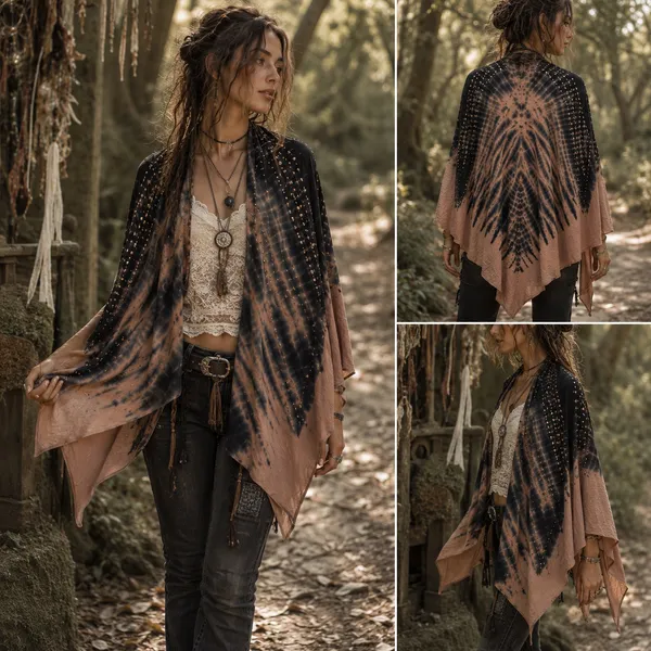 Y2K Vocal Tie Dye Stud Poncho Womens Top Sz Festival Goth Glam Boho Fairy Grunge - Image 2