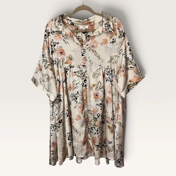 Entro Womens XL Floral Leopard Print Babydoll Shirt Dress Cream D18761P - Image 2