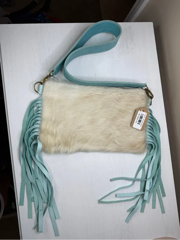 TTT Leathergoods Longhorn Lakota Cowhide Fringe Shoulder Bag Sky Blue - Image 5