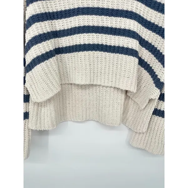 Pink Rose Striped Sweater Womens Medium Cropped‎ Pullover Oversized Ivory Bluec - Image 3