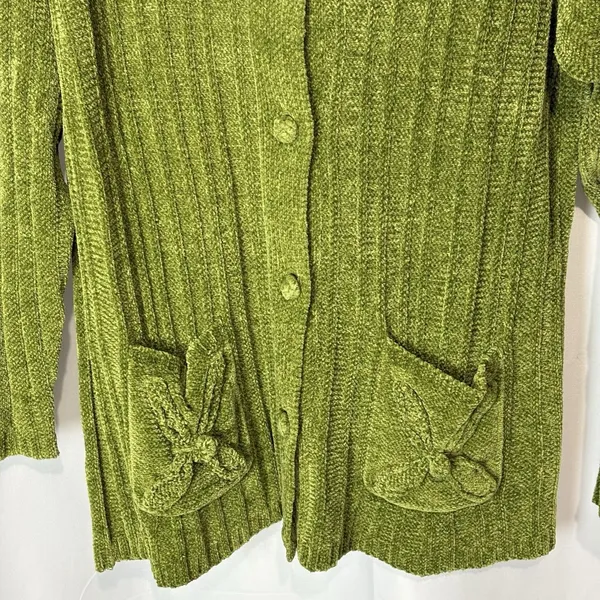 Vintage 90s Small Chenille Sweater Cardigan Peter Pan Collar Pockets‎ Green Cozy - Image 3