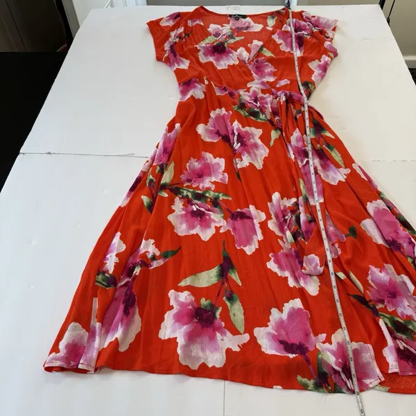 NWT Lulus Have Love Will Travel Coral Red Floral Gauze‎ Wrap Midi Dress Size XL - Image 8