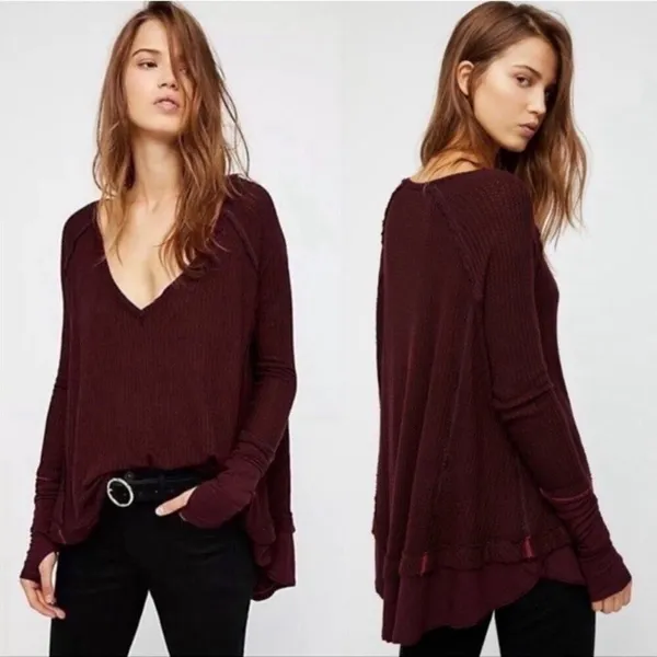 We The Free People Laguna Waffle Knit Top Burgundy Red‎ Long Sleeves Size Medium - Image 2
