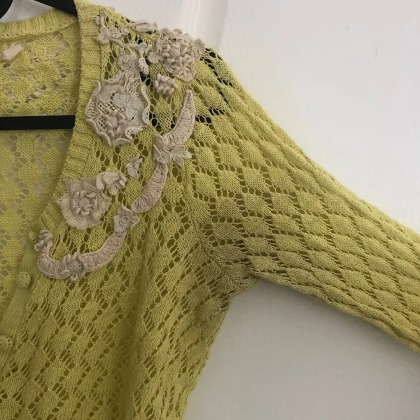 Anthropologie Sparrow Valance Lace Knit Cardigan Lime Yellow Size M Rare - Image 7