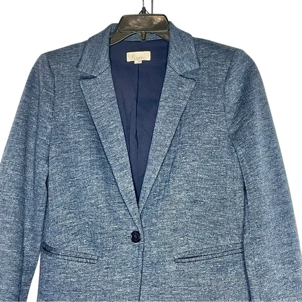 LOFT Blue/ Gray Herringbone Blazer with Navy Elbow Patches Size 6 - Image 7