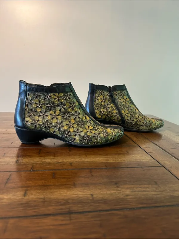 Pikolinos Floral Leather Ankle Booties Green Comfort Shoes EU 38 - Image 4