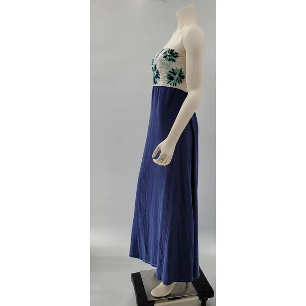 Missy Robertson Strapless Maxi Dress Large Blue Embroidered Floral Boho Summer - Image 2