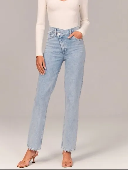 Abercrombie & Fitch 90s‎ Straight High Rise Crossover Jeans Stone Wash Blue 8 - Image 2