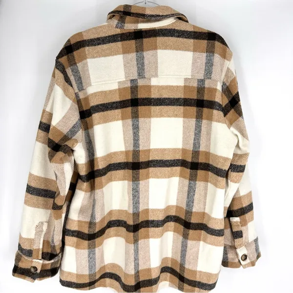 Wanna B Me Plaid Shacket Brown Cream Tan‎ Button Front Size L - Image 3