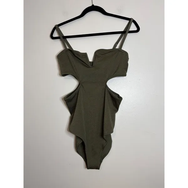 Aerie Real Good‎ Olive Green Textured V-Wire Cut-Out One Piece Swimsuit Large - Image 2